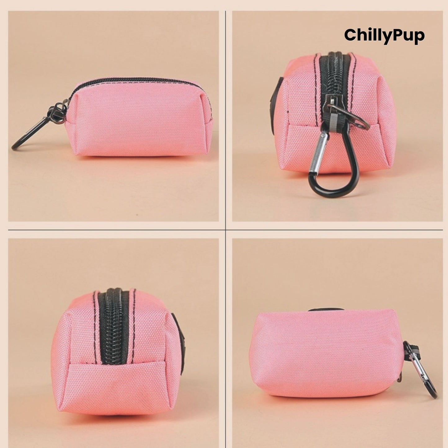 Pink Poo Bag Holder with black zipper and carabiner on a beige background, featuring the brand 'ChillyPup'.
