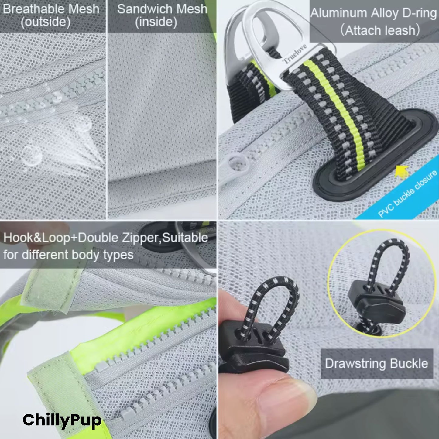 Product features of a dog cooling vest with mesh, D-ring, and drawstring buckle.