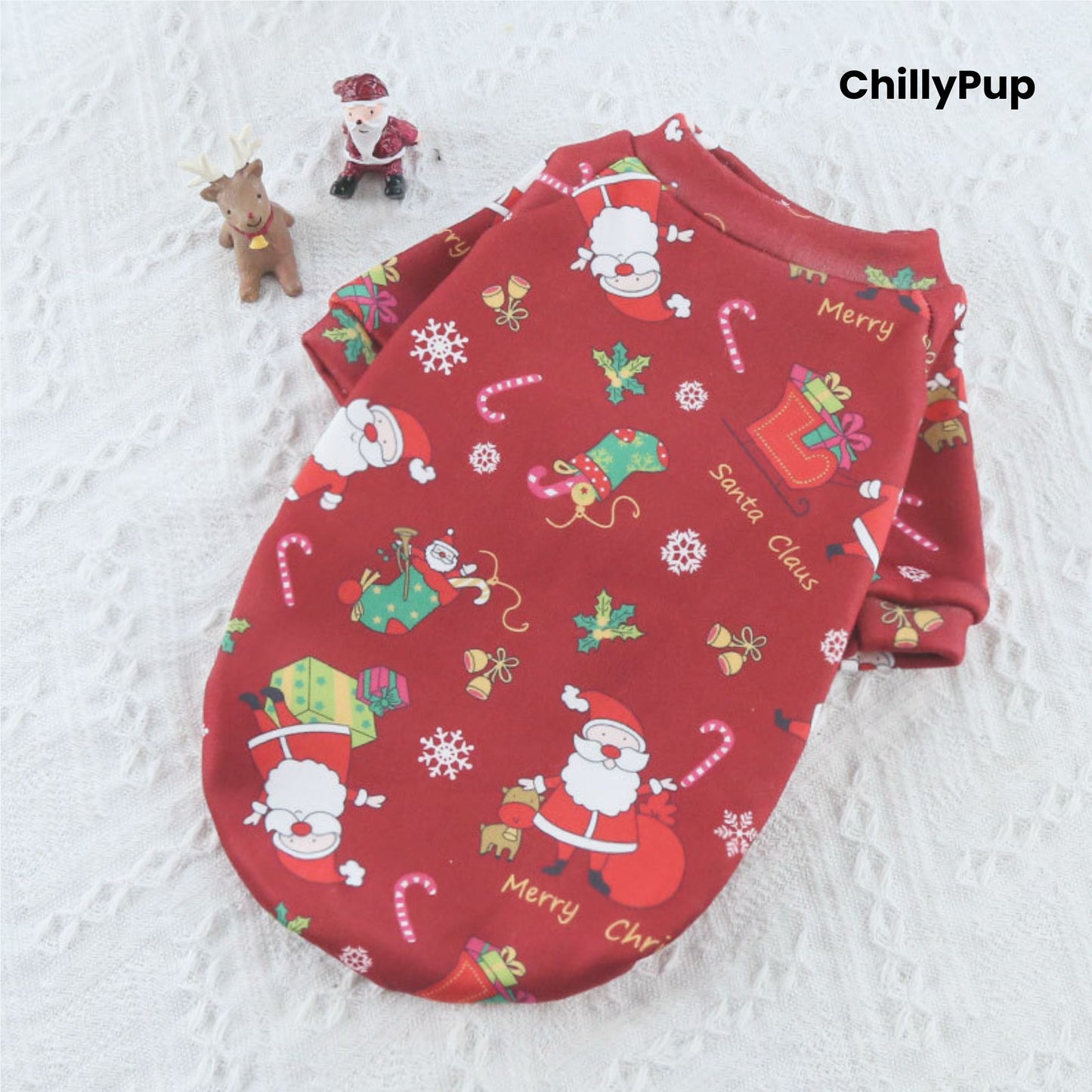 Festive Dog Jumper – Santa Print in Red with CHillypup branding