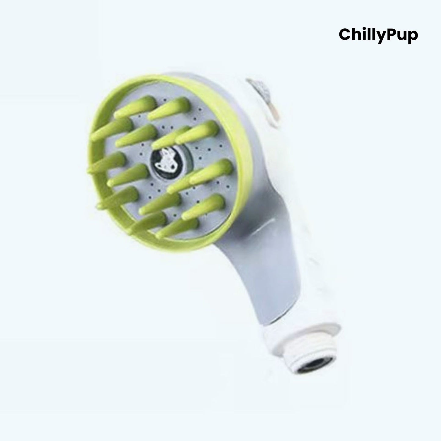 Pet grooming tool with green bristle head and white handle on a white background, branded 'ChillyPup'