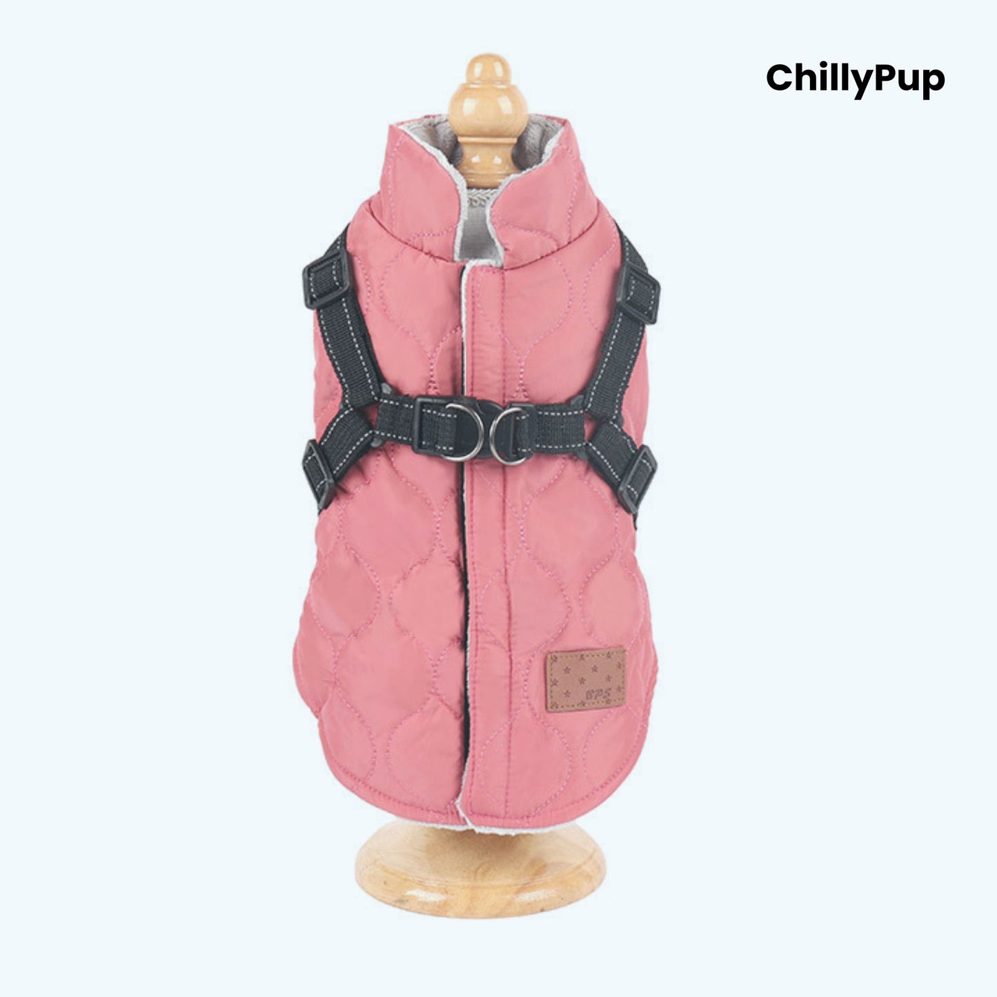 Quilted Comfort Harness Dog Coat on a white background with Chillypup branding.