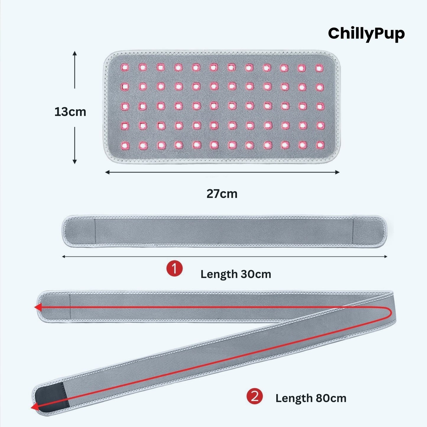 Red light therapy device with power button on a white background, branded 'ChillyPup'.