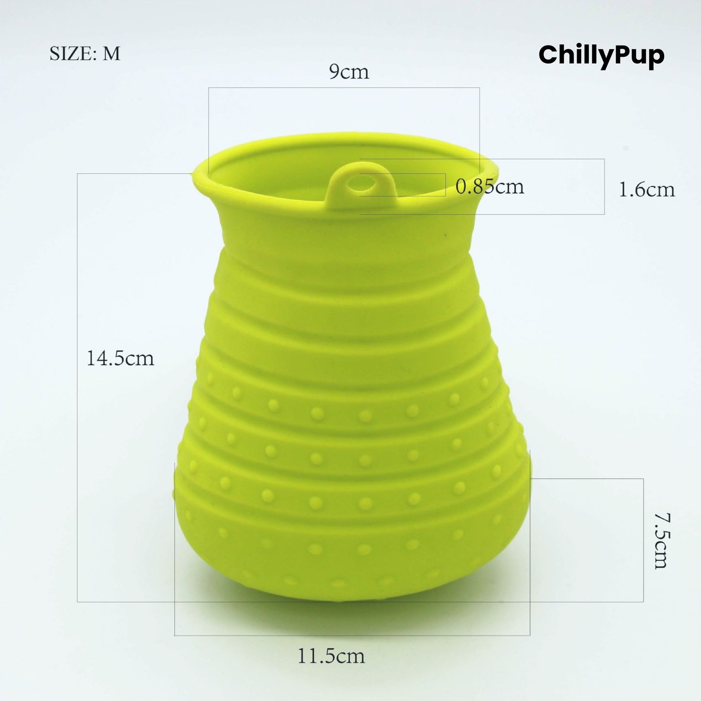 Yellow silicone dog Paw cleaner with measurements with 'ChillyPup' branding on a white background