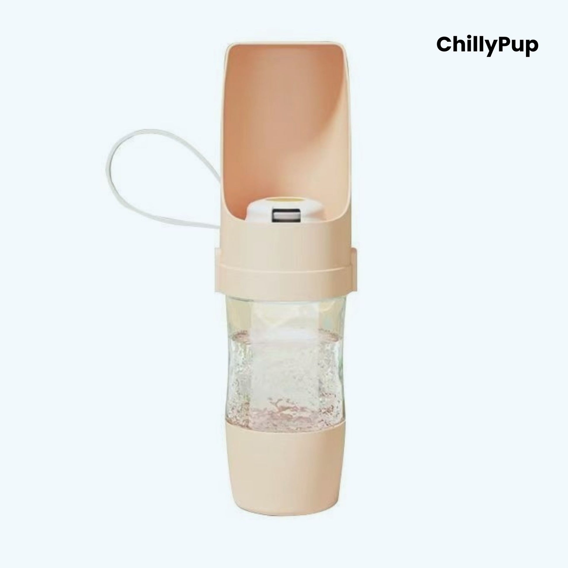 Portable dog water bottle with measurement details on a light background, featuring the brand 'ChillyPup'.