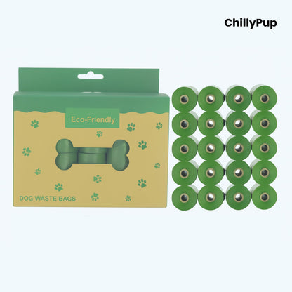 20 Green dog waste bags with packaging labelled 'Eco Friendly' on a white background