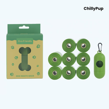 8 Green dog waste bags & holder with packaging labelled 'Eco Friendly' on a white background