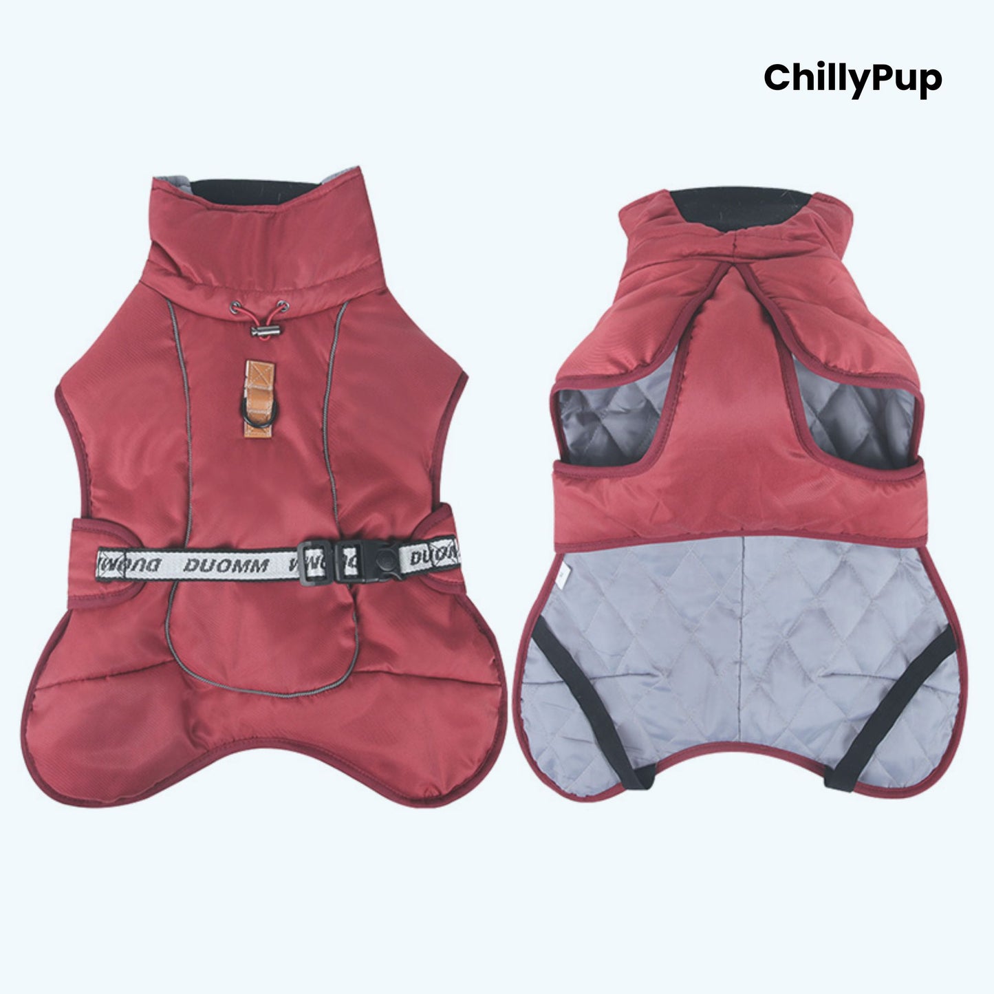 ArcticFlex Padded Dog Coat on a white background with ChillyPup branding.