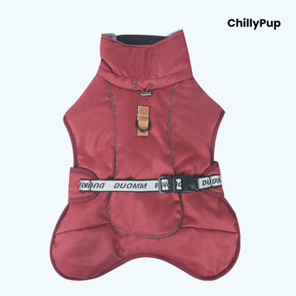 ArcticFlex Padded Dog Coat on a white background with ChillyPup branding.