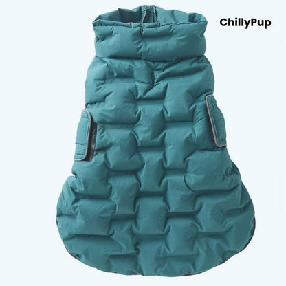 ArcticPuff Dog Coat on a white background with chillypup branding.
