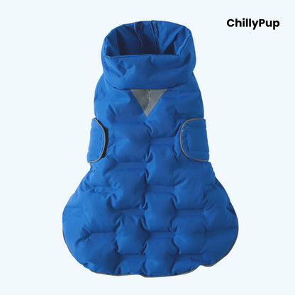 ArcticPuff Dog Coat on a white background with chillypup branding.