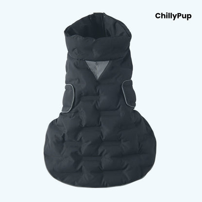 ArcticPuff Dog Coat on a white background with chillypup branding.