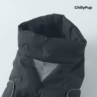 ArcticPuff Dog Coat on a white background with chillypup branding.