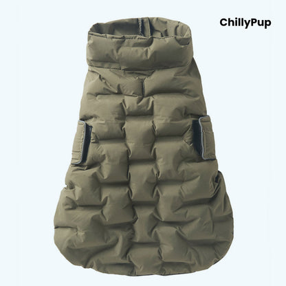ArcticPuff Dog Coat on a white background with chillypup branding.