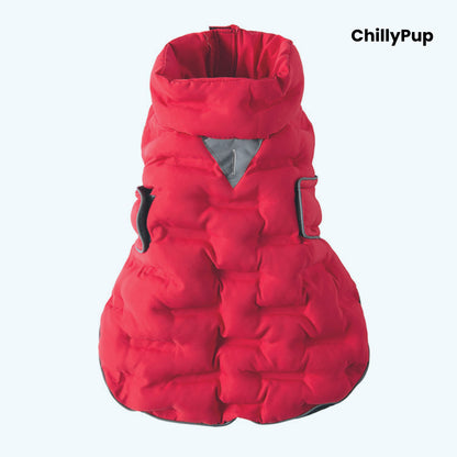 ArcticPuff Dog Coat on a white background with chillypup branding.