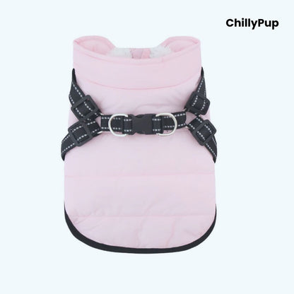 Dog coat with build in harness on a white background branded with chillypup 