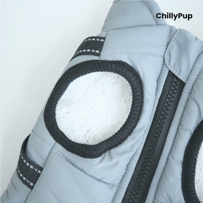 Dog coat with build in harness on a white background branded with chillypup 