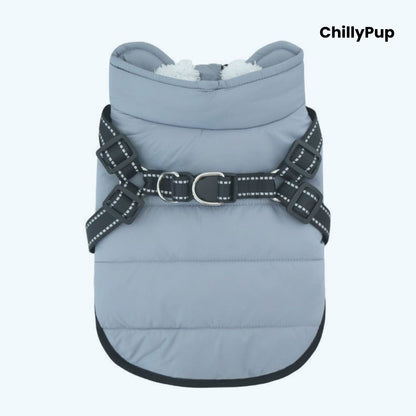 Dog coat with build in harness on a white background branded with chillypup 