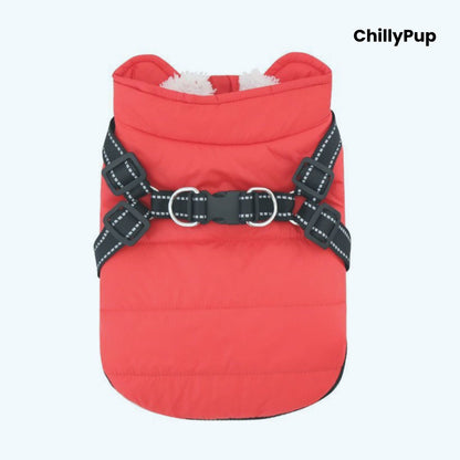 Dog coat with build in harness on a white background branded with chillypup 