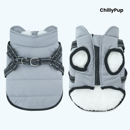 Dog coat with build in harness on a white background branded with chillypup 
