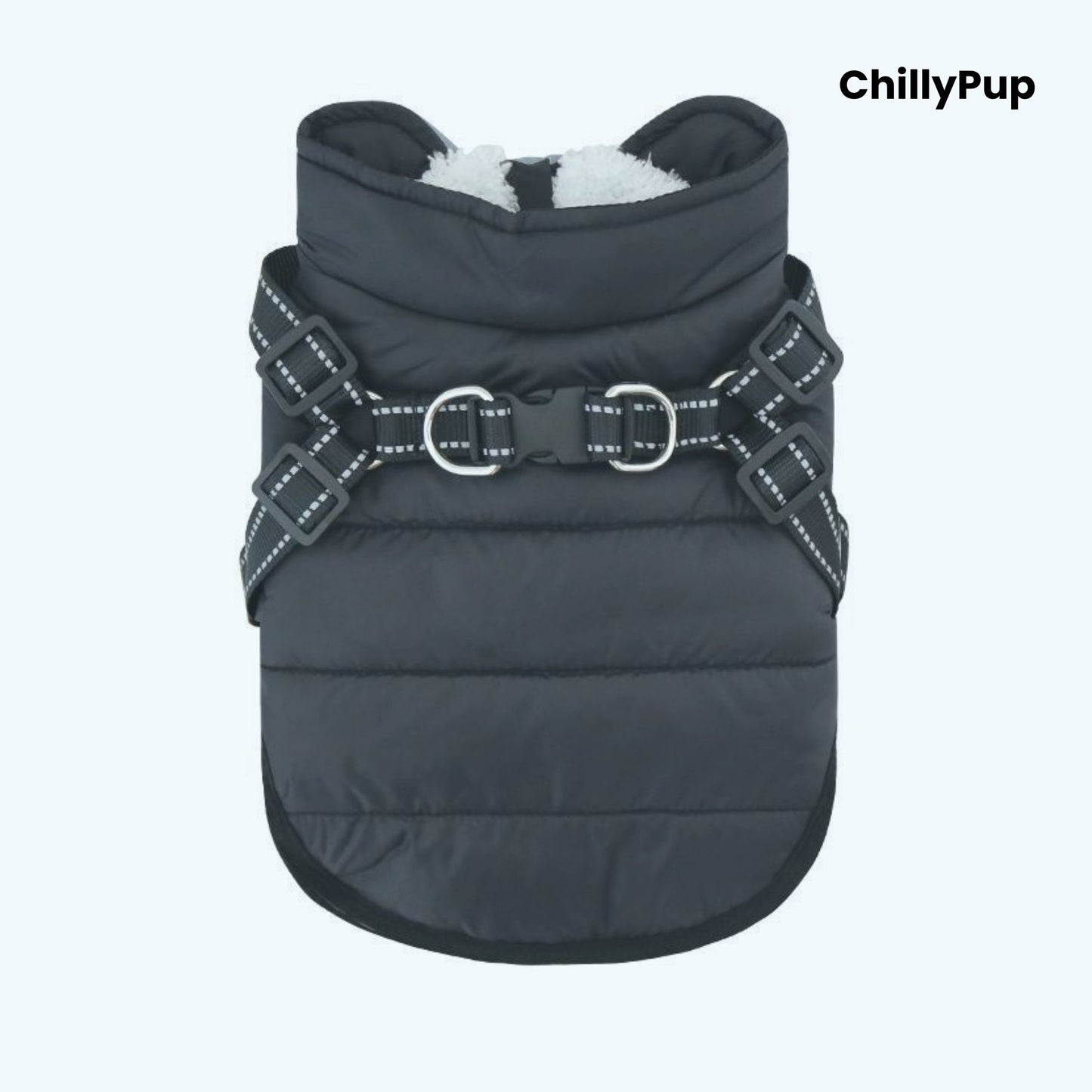 Dog coat with build in harness on a white background branded with chillypup 