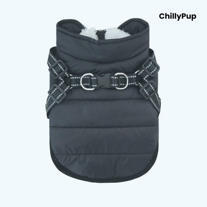 Dog coat with build in harness on a white background branded with chillypup 