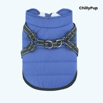 Dog coat with build in harness on a white background branded with chillypup 