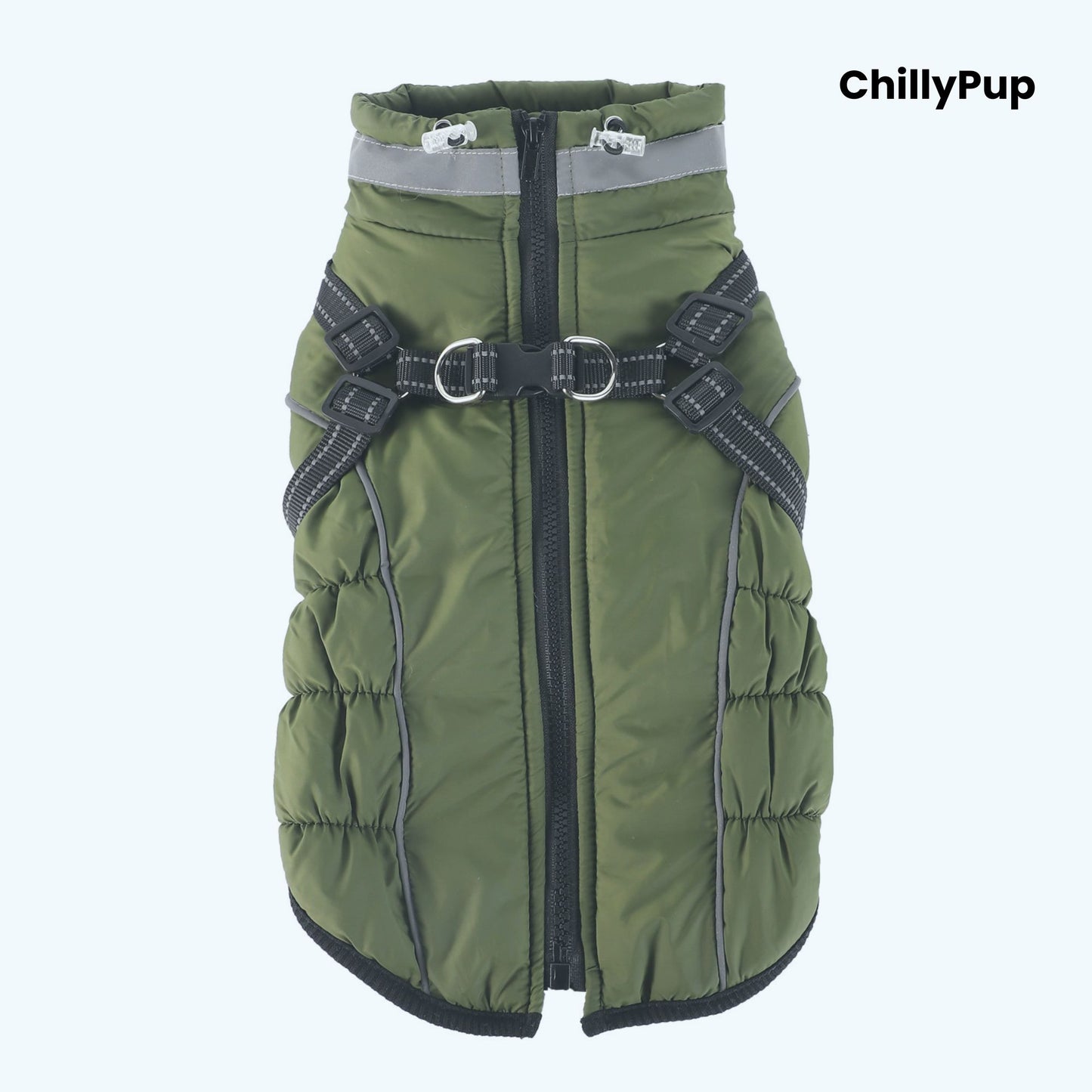 Arctic Core Harness Dog Coat on a white background with 'chillyPup branding