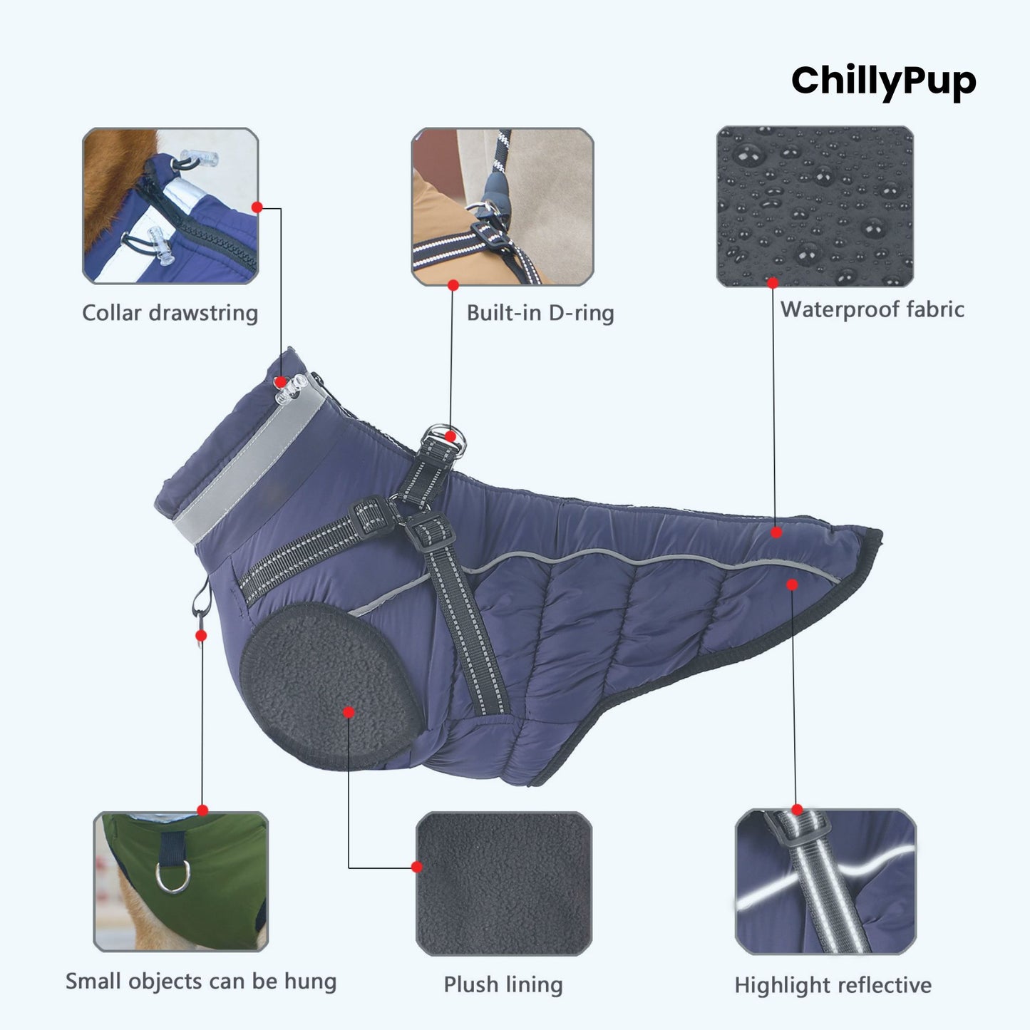 Arctic Core Harness Dog Coat on a white background with 'chillyPup branding
