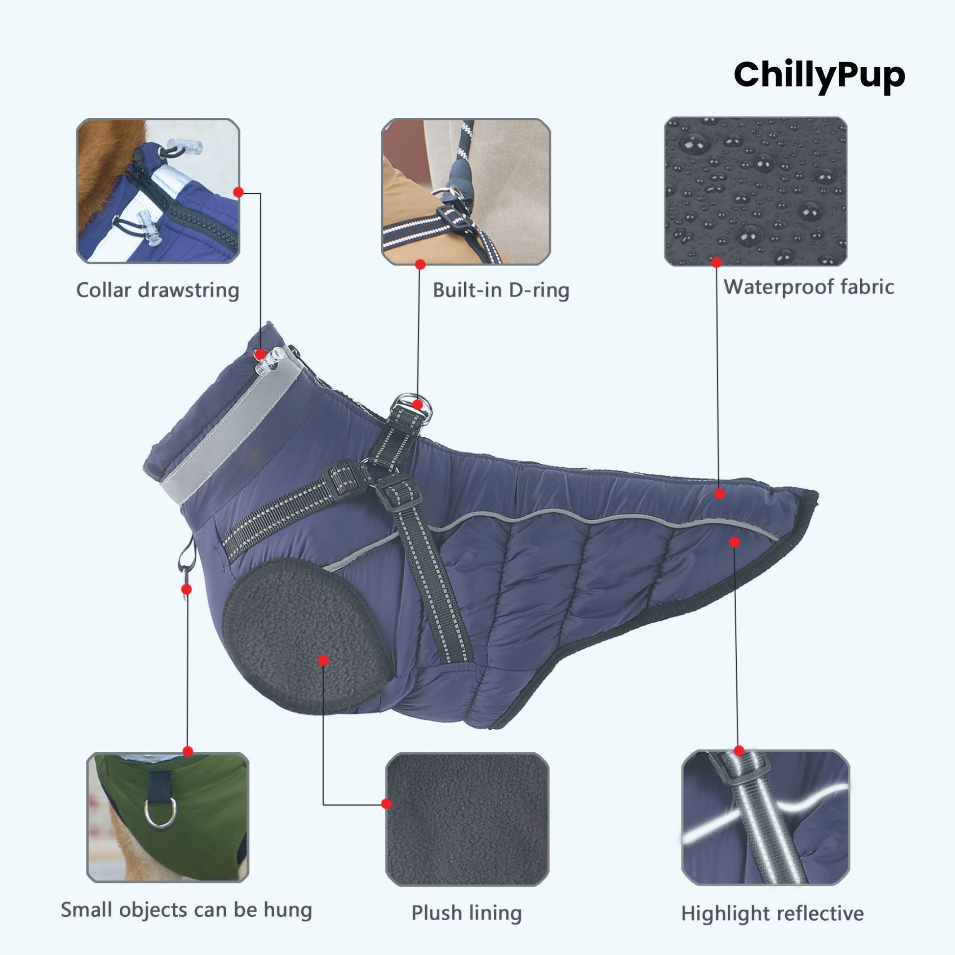 Arctic Core Harness Dog Coat on a white background with 'chillyPup branding