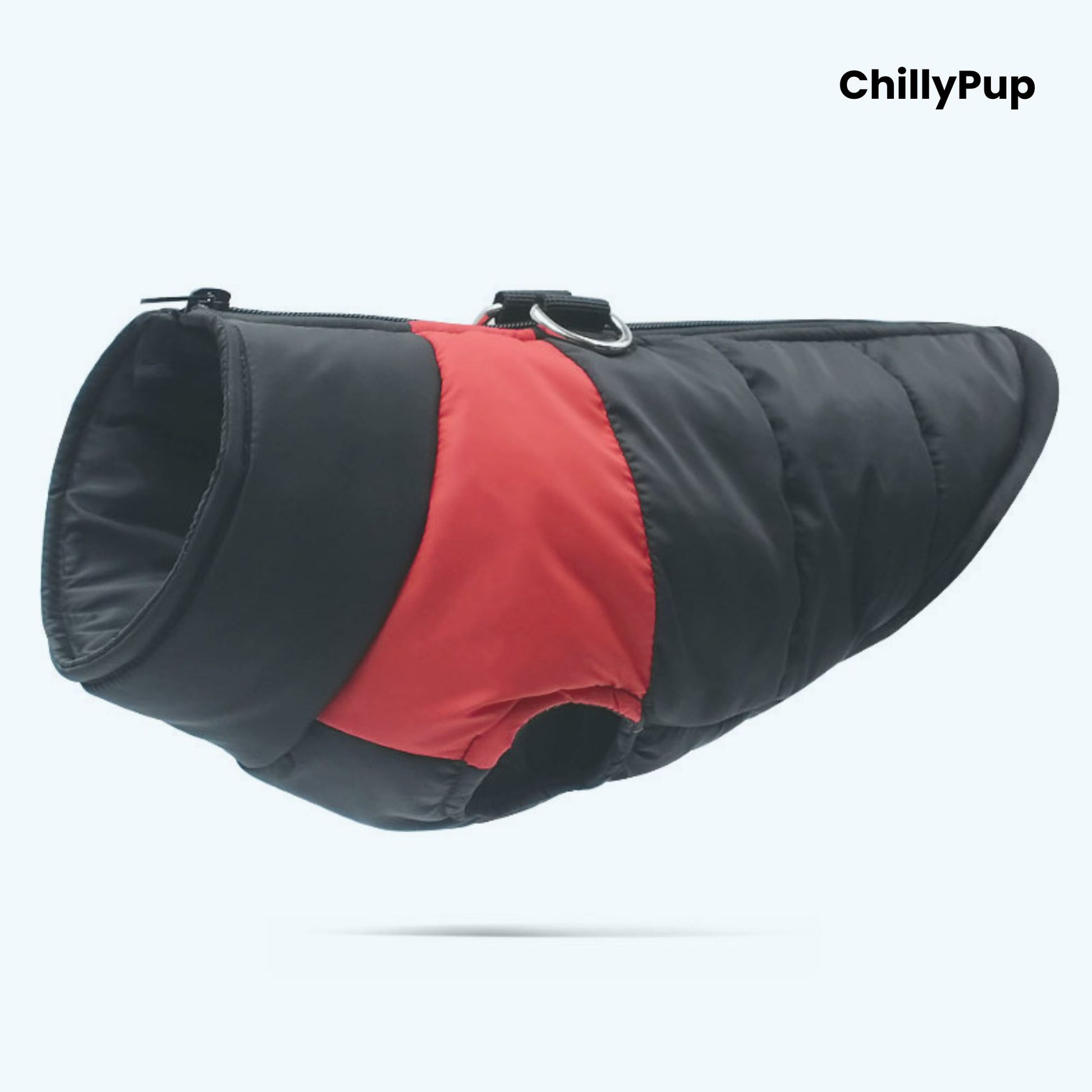 Dog puffer coat with 'ChillyPup' branding on a white background