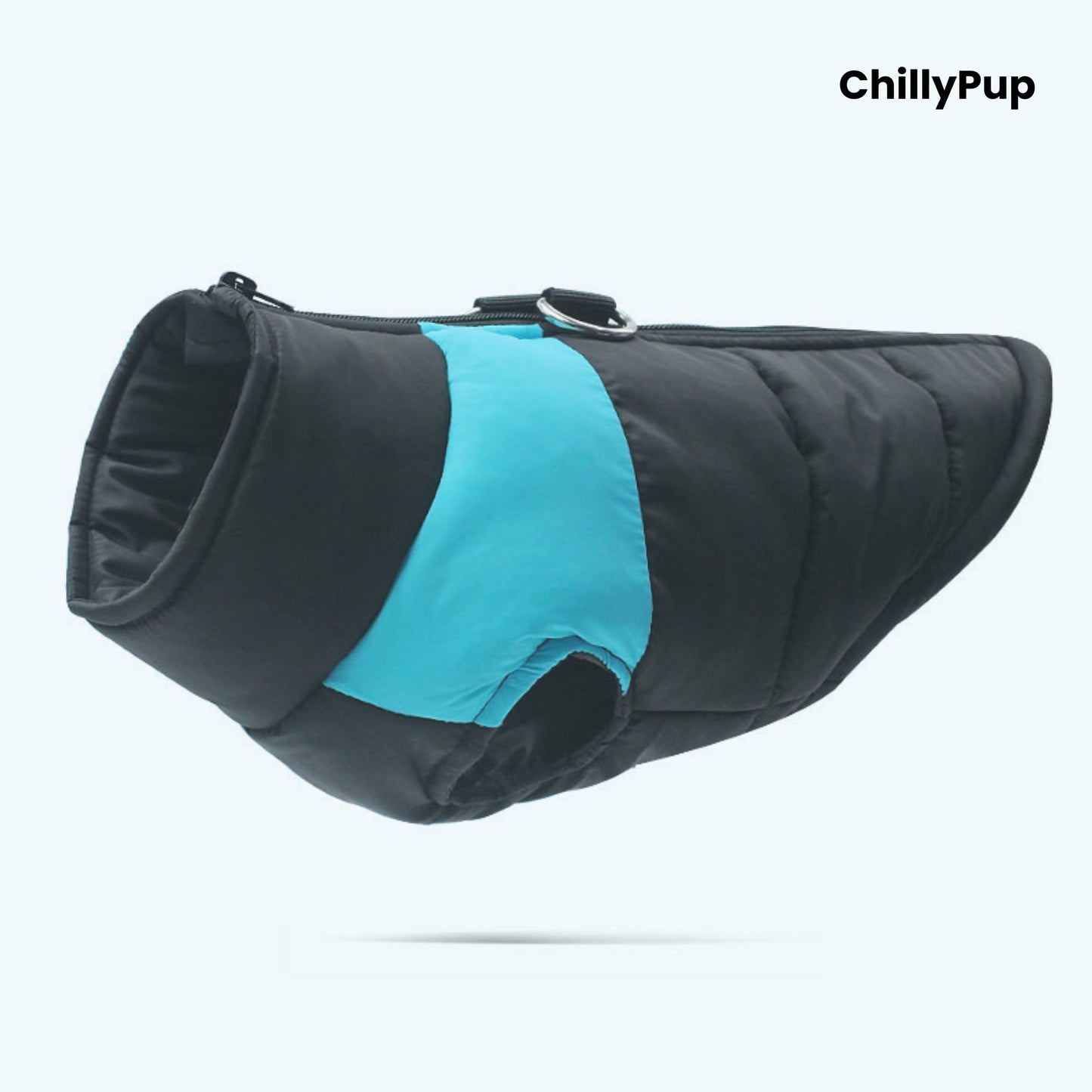 Dog puffer coat with 'ChillyPup' branding on a white background