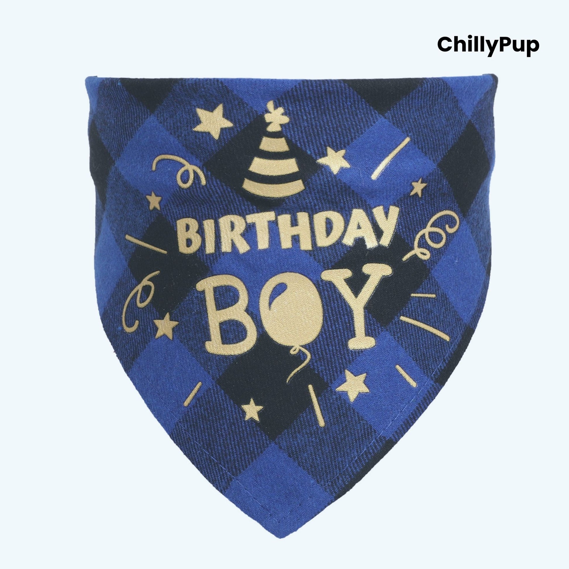 Birthday Boy Bandana on a white background with ChillPup branding