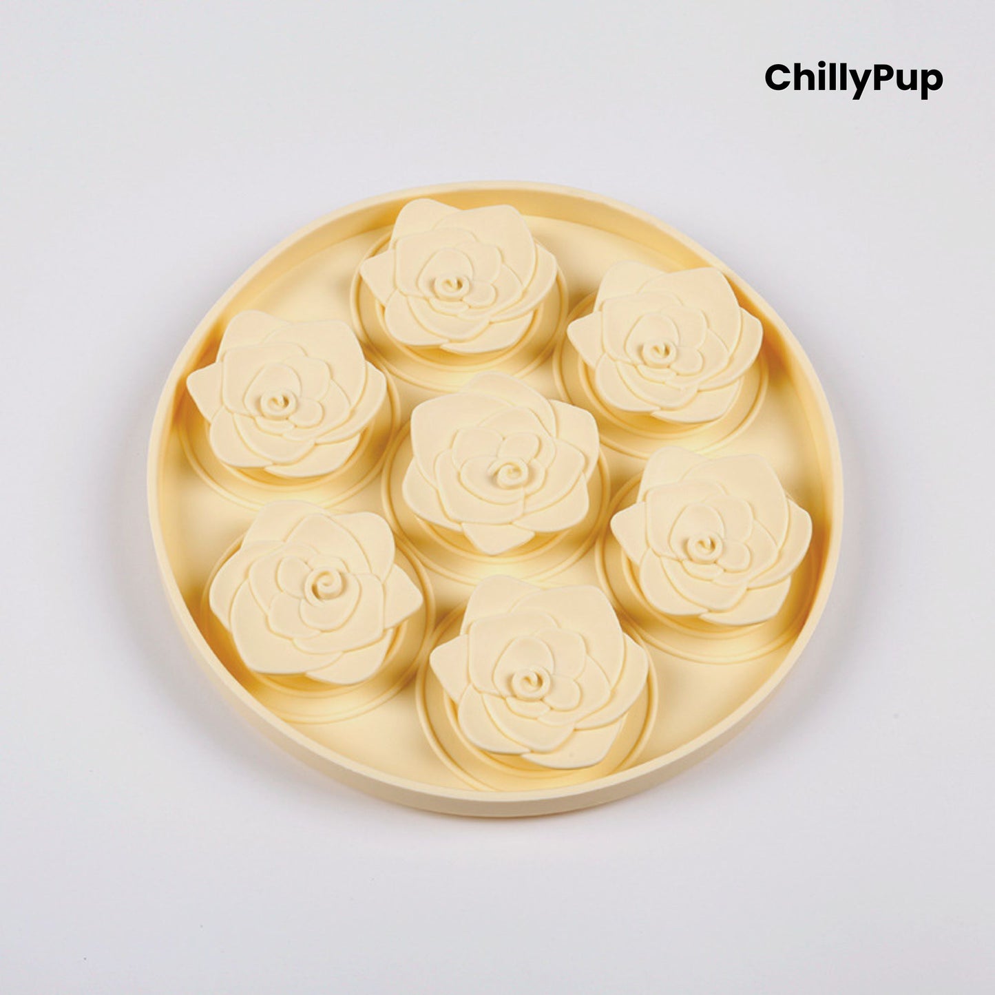 Silicone forage bowl with floral shapes on a white background, branded 'ChillyPup'.