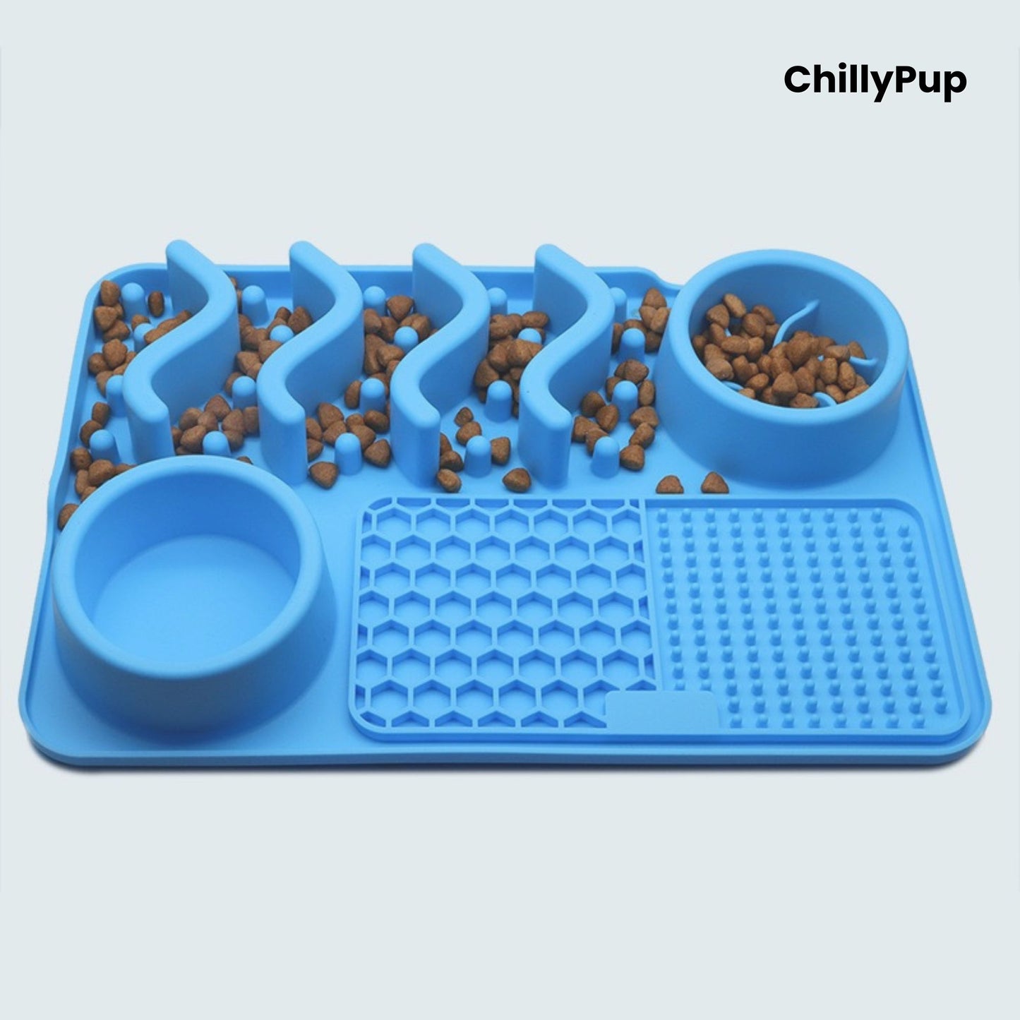 Blue pet feeding mat with two bowls  on a light grey background, branded 'ChillyPup'.