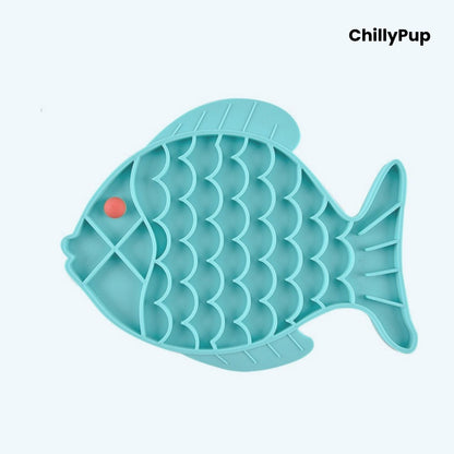 Blue fish-shaped pet lick mat with a red dot on a white background, branded 'ChillyPup'.