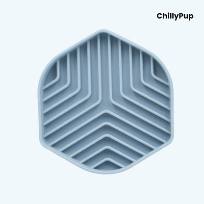 Hexagonal silicone mat with zigzag pattern on a light grey background, branded 'ChillyPup'.