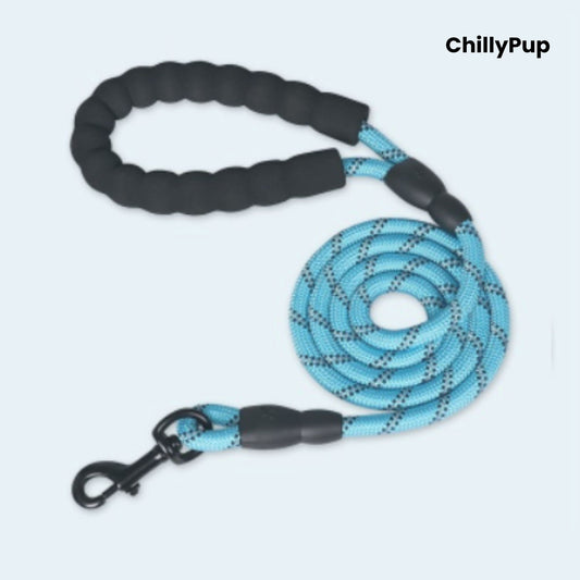 Blue dog Lead with black handle and clip on a white background, branded 'ChillyPup'.