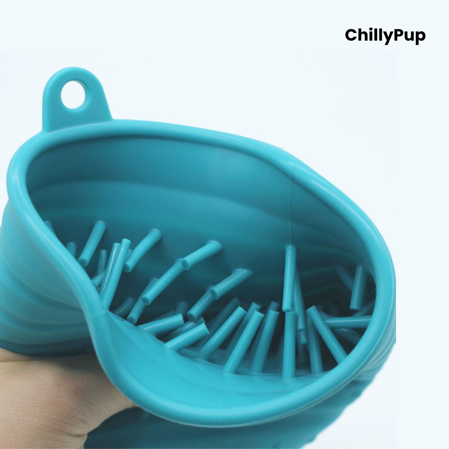 Blue silicone dog Paw cleaner with 'ChillyPup' branding on a white background