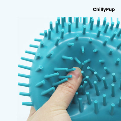 Blue silicone dog Paw cleaner with 'ChillyPup' branding on a white background