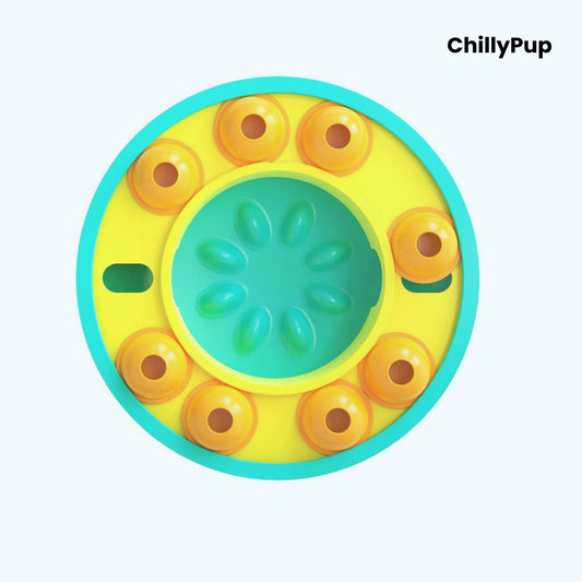 Circular dog toy with yellow and blue design on a light grey background, branded 'ChillyPup'