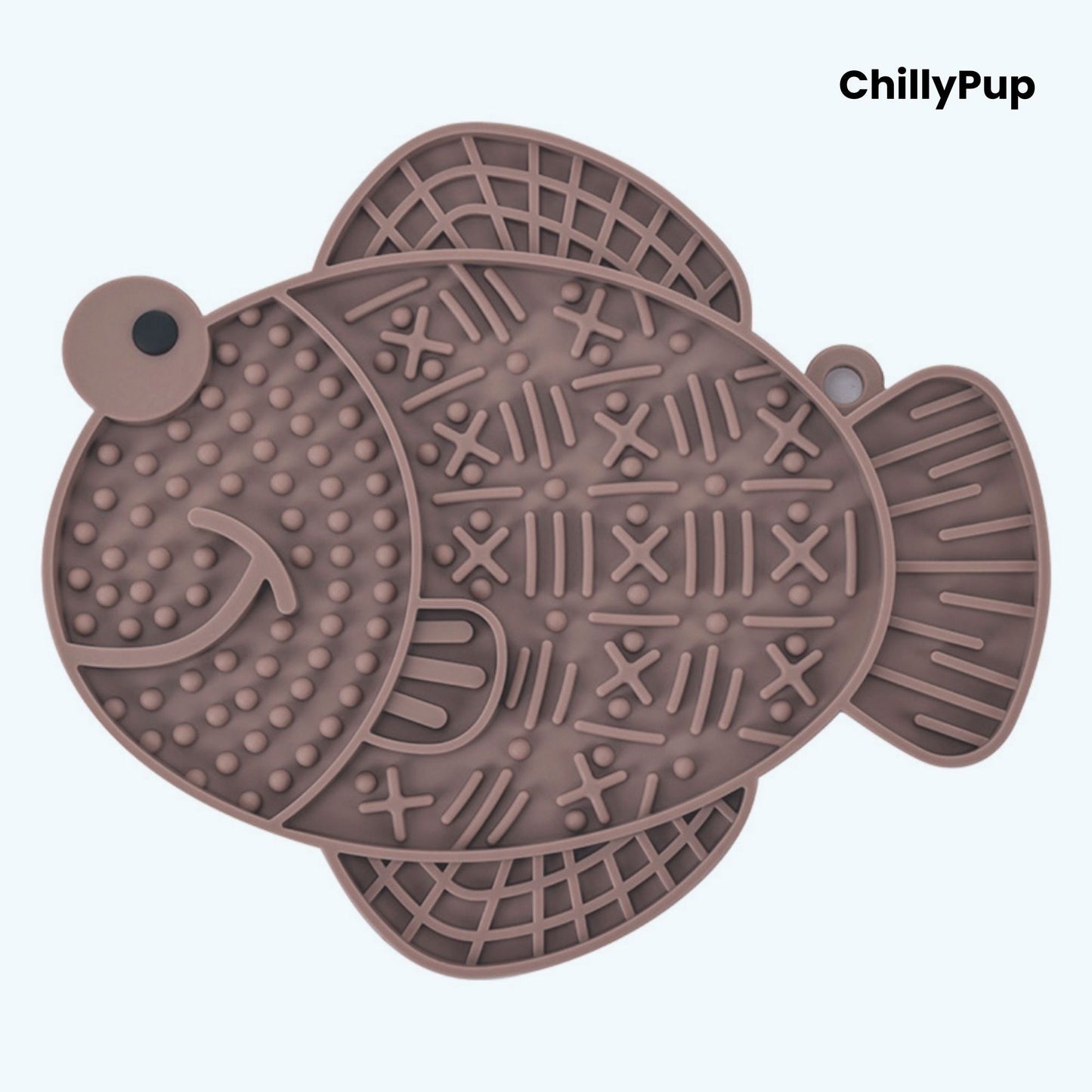Brown fish-shaped dog lick pad on a white background, branded 'ChillyPup'.