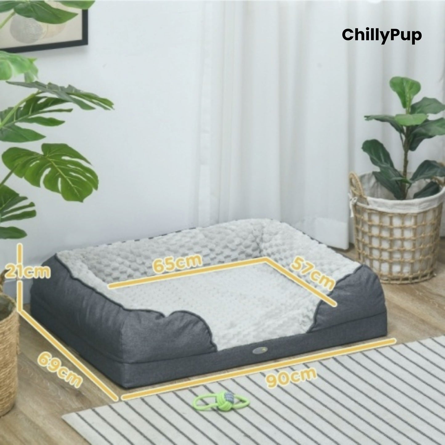 Dog lying on a grey pet bed with 'PawHut' branding, featuring the brand name 'ChillyPup'.