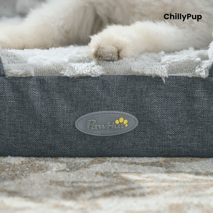 Dog lying on a grey pet bed with 'PawHut' branding, featuring the brand name 'ChillyPup'.