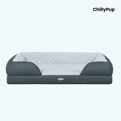 Grey pet bed with quilted design on a white background, branded 'ChillyPup'.