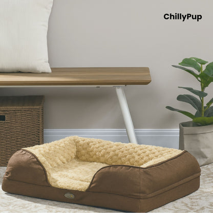 Brown pet bed with beige cushion on a wooden floor, 'ChillyPup' brand visible.