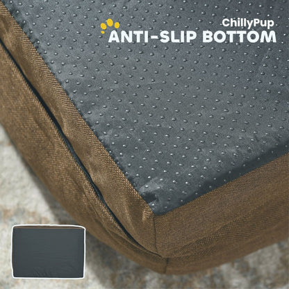 Dog bed with anti-slip bottom and ChillyPup branding on a textured surface