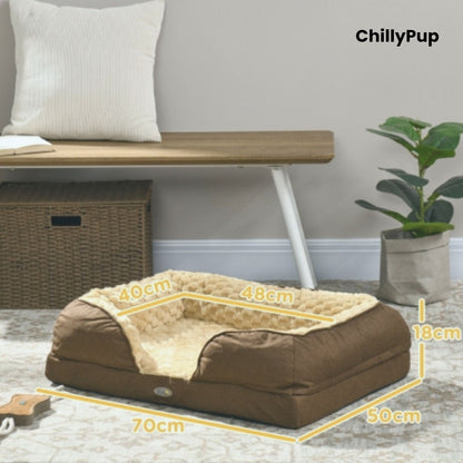 Brown pet bed with measurements on a neutral background, featuring the brand 'ChillyPup'.