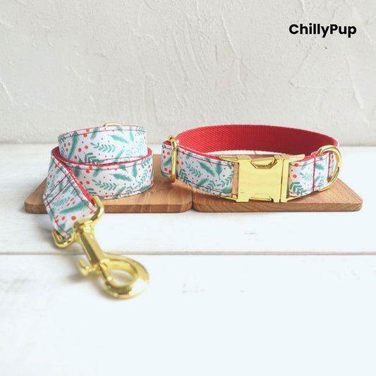 Dog collar and Lead set with Christmas pattern on a wooden board, branded 'ChillyPup'.