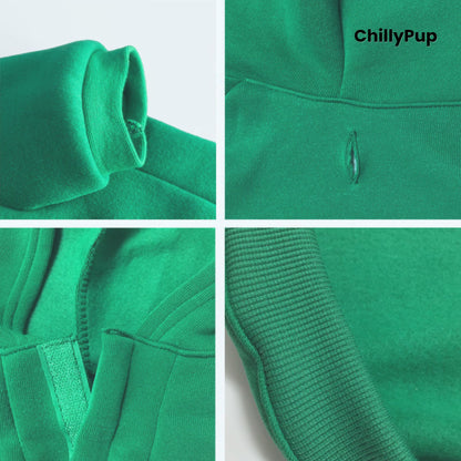 Green dog hoodie with reindeer design and 'ChillyPup' branding on a white background