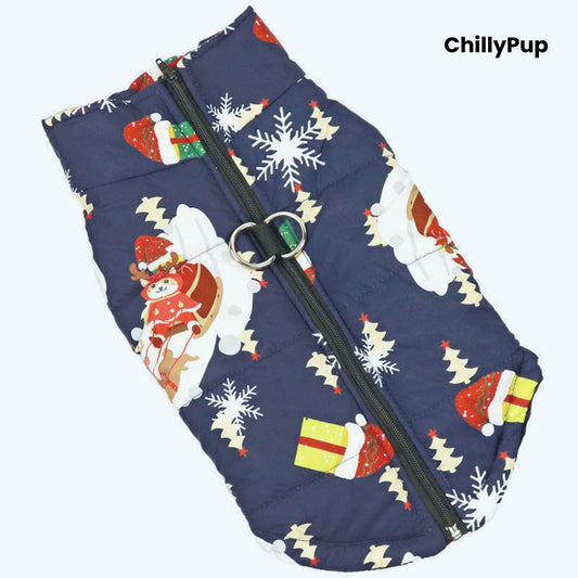 blue dog coat with Christmas-themed pattern on a white background, branded 'ChillyPup'.